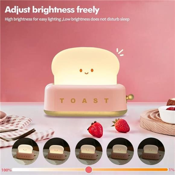 Cute Desk Decor Toaster Lamp, Kawaii LED Toast Bread Night Light Rechargeable - Picture 3 of 6